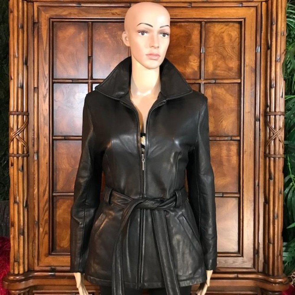 Kasper Genuine Leather Belted Removable Faux Fur Collar Coat - Picture 2 of 16